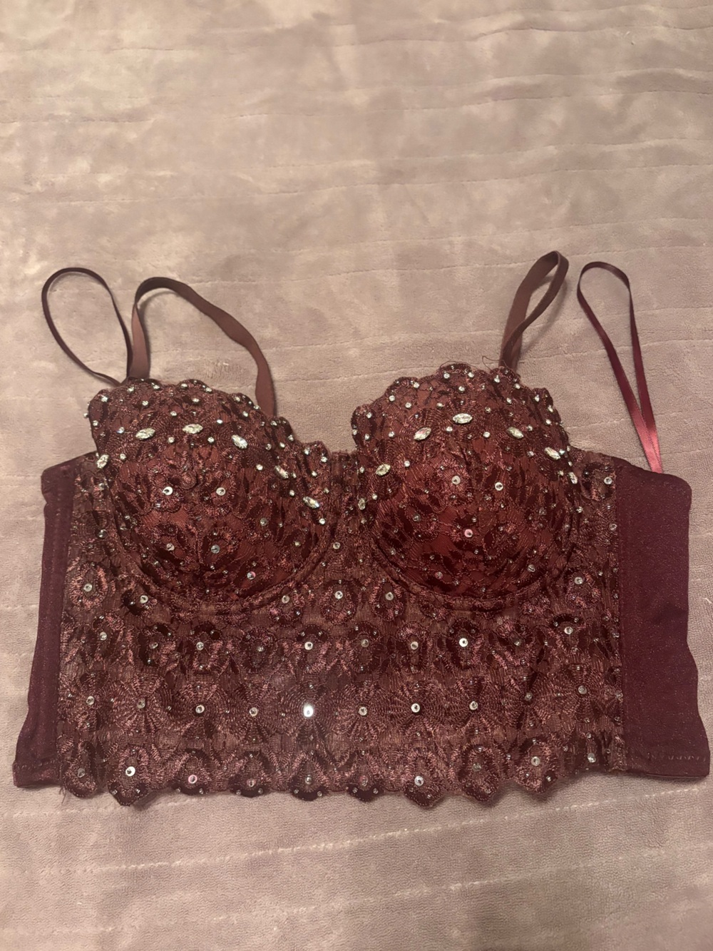 Windsor Brown Lace Rhinestone Sequin Bustier Corset Crop Top Large New